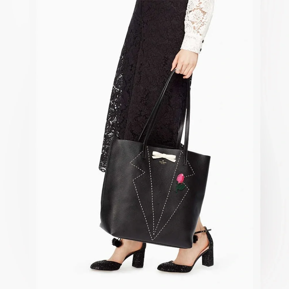 Kate Spade On Purpose Embroidered Leather Tote with tuxedo and boutonnière EUC